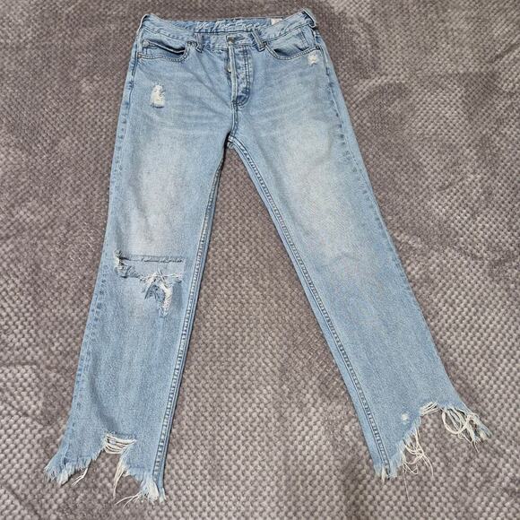 Free People We The Free Jeans Women 27 Chewed Up Distress Raw Hem Mid Rise Denim - Picture 1 of 11